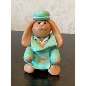 Handmade Clay Bunny Figurine With Hat & Coat 3" Easter Decor